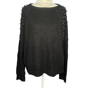 NWT Women's Aqua Black Faux Pearl Trim Wool Blend Knit Sweater Size: Large